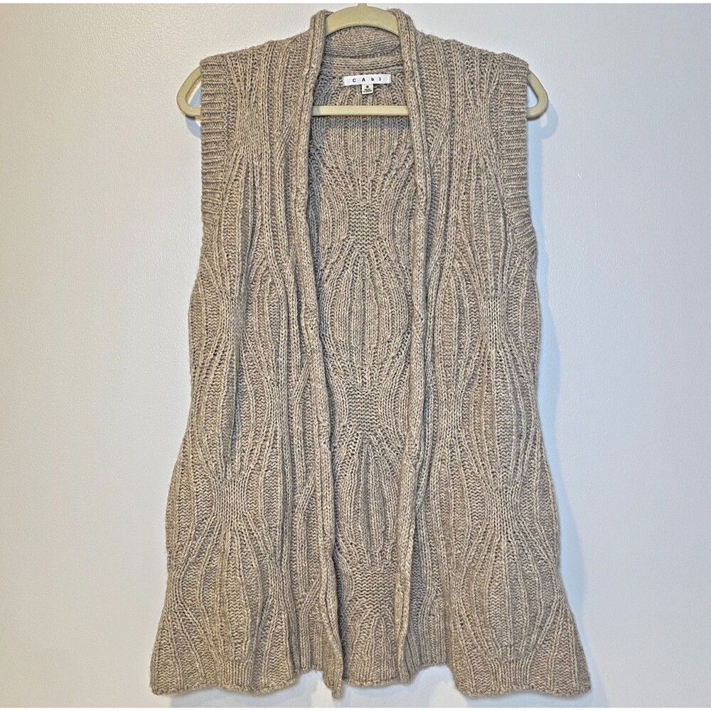 Boho Y2K Cabi #499 Oatmeal Beige Cable Knit Open Front Sweater Vest Wool Yak S